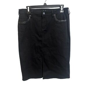 Earl Jean Skirt Womens 12 Black Faux Leather Trim Denim Midi Pencil Slit Casual